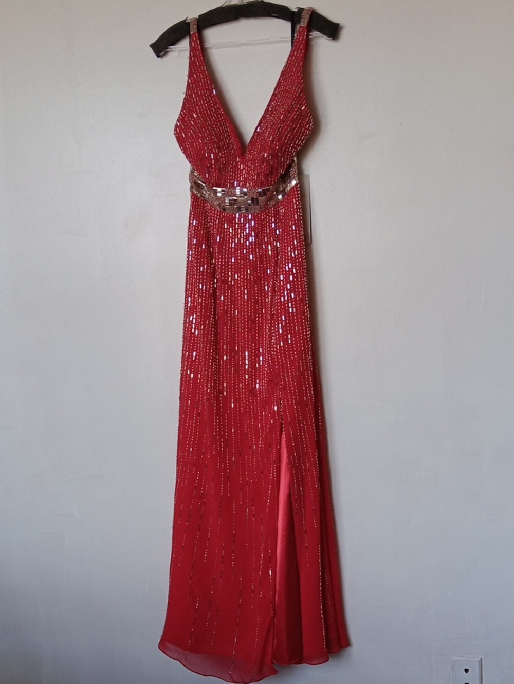 Vintage Riva Designs Red Sequin Evening Gown with Silver Waist Detail
